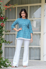 Blue Handblock Zig-Zag Printed Cotton Top with Crochet Lace