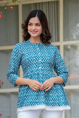 Blue Handblock Zig-Zag Printed Cotton Top with Crochet Lace
