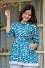 Blue Handblock Zig-Zag Printed Cotton Top with Crochet Lace
