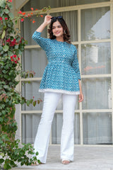 Blue Handblock Zig-Zag Printed Cotton Top with Crochet Lace