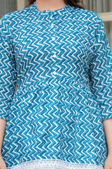 Blue Handblock Zig-Zag Printed Cotton Top with Crochet Lace