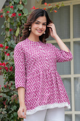 Blue Handblock Zig-Zag Printed Cotton Top with Crochet Lace