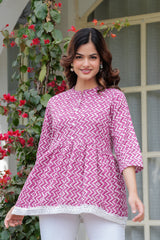 Blue Handblock Zig-Zag Printed Cotton Top with Crochet Lace