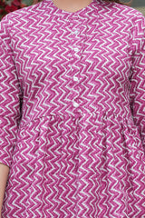 Blue Handblock Zig-Zag Printed Cotton Top with Crochet Lace