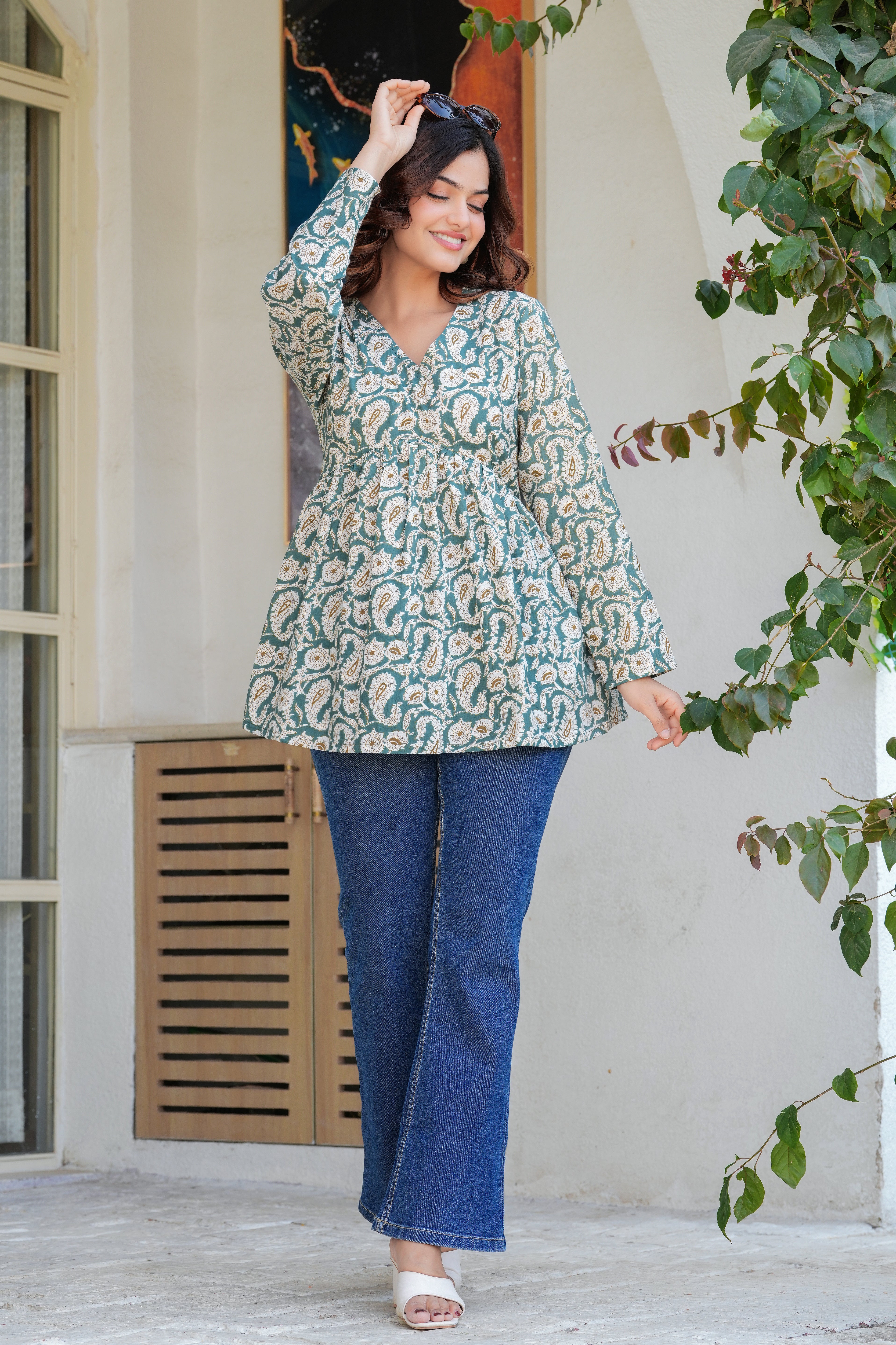 Olive Paisley Cotton Boho Top