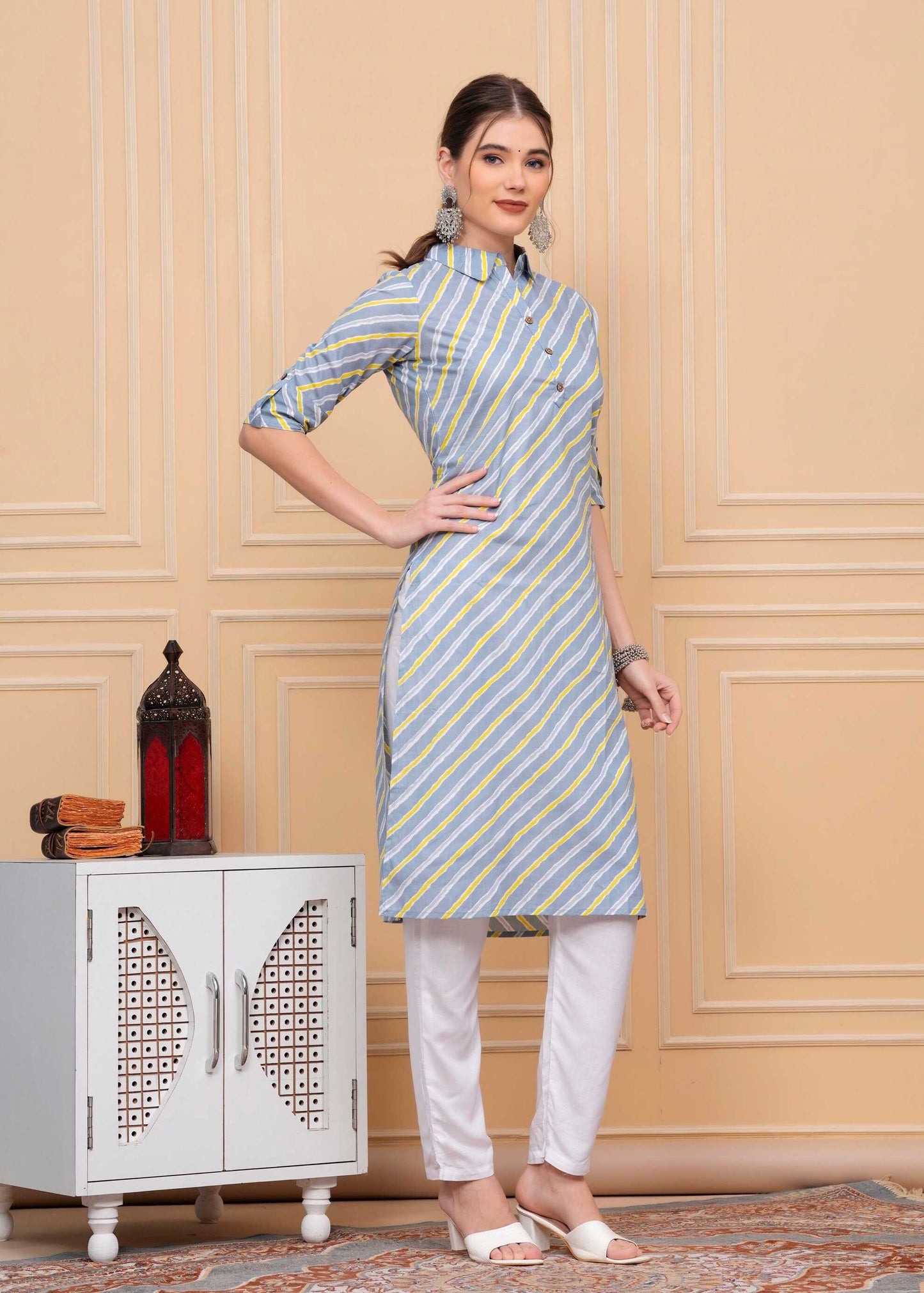 Pure Cotton Strip Grey Calf-Length Collar Kurti