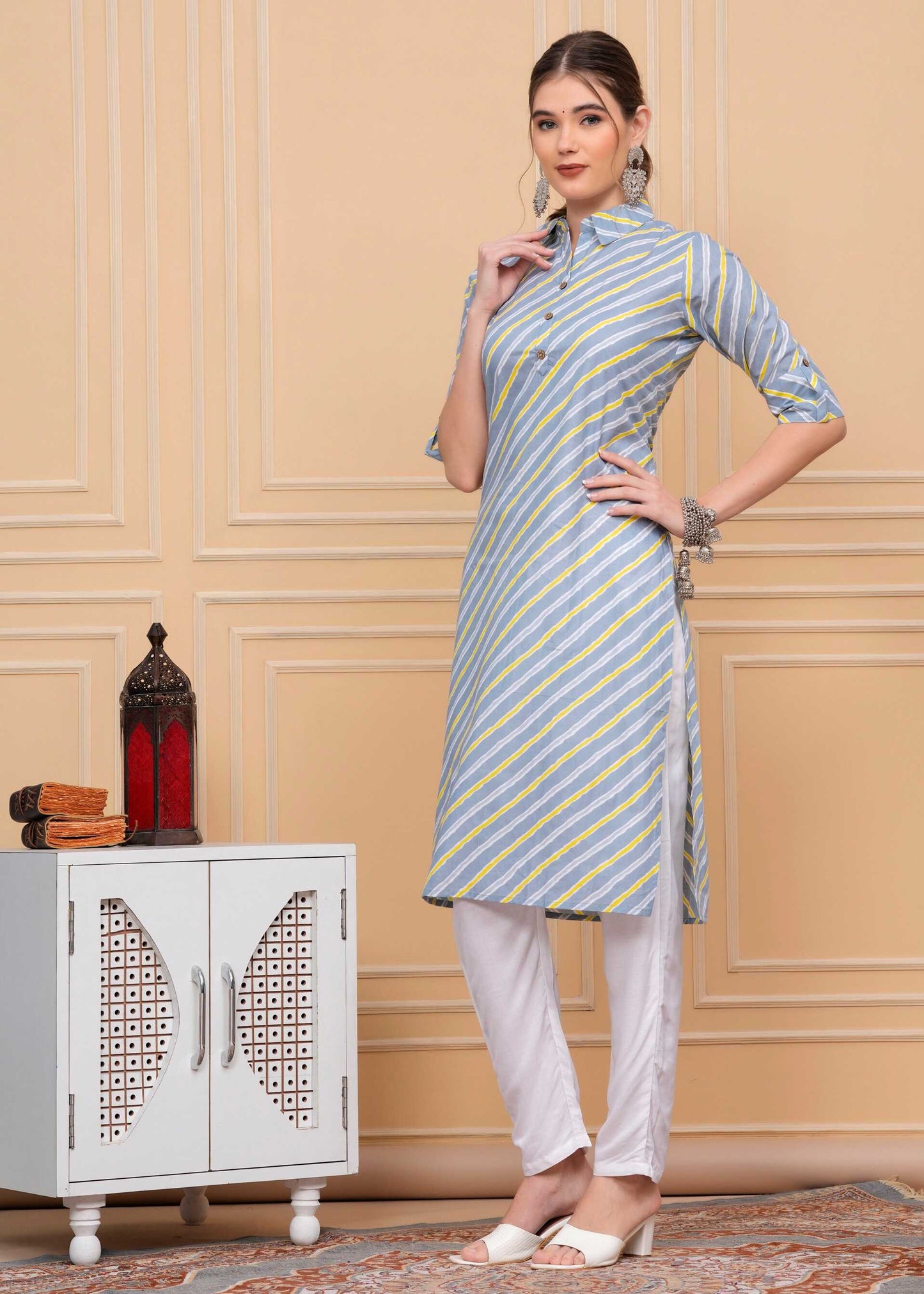 Pure Cotton Strip Grey Calf-Length Collar Kurti