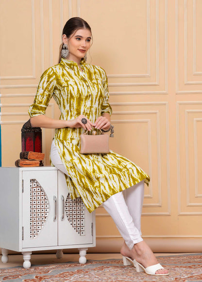 Pure Cotton Calf-Length Palomar Green Collar Kurti