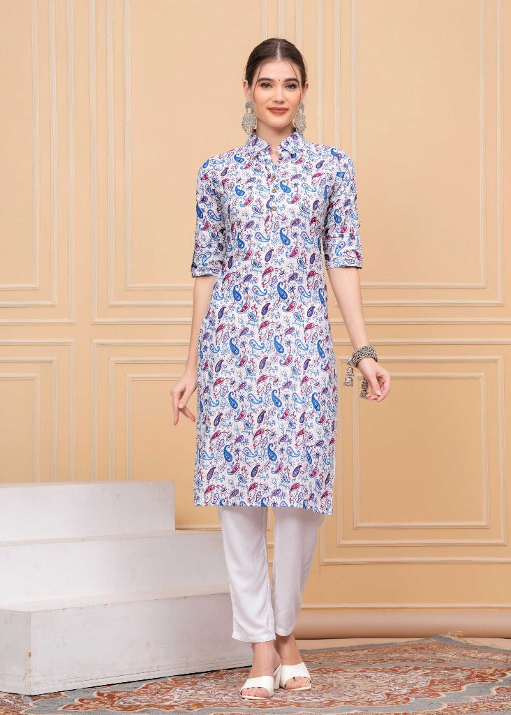 Pure Cotton Calf-Length MultiColor Collar Kurti