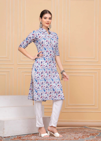 Pure Cotton Calf-Length MultiColor Collar Kurti