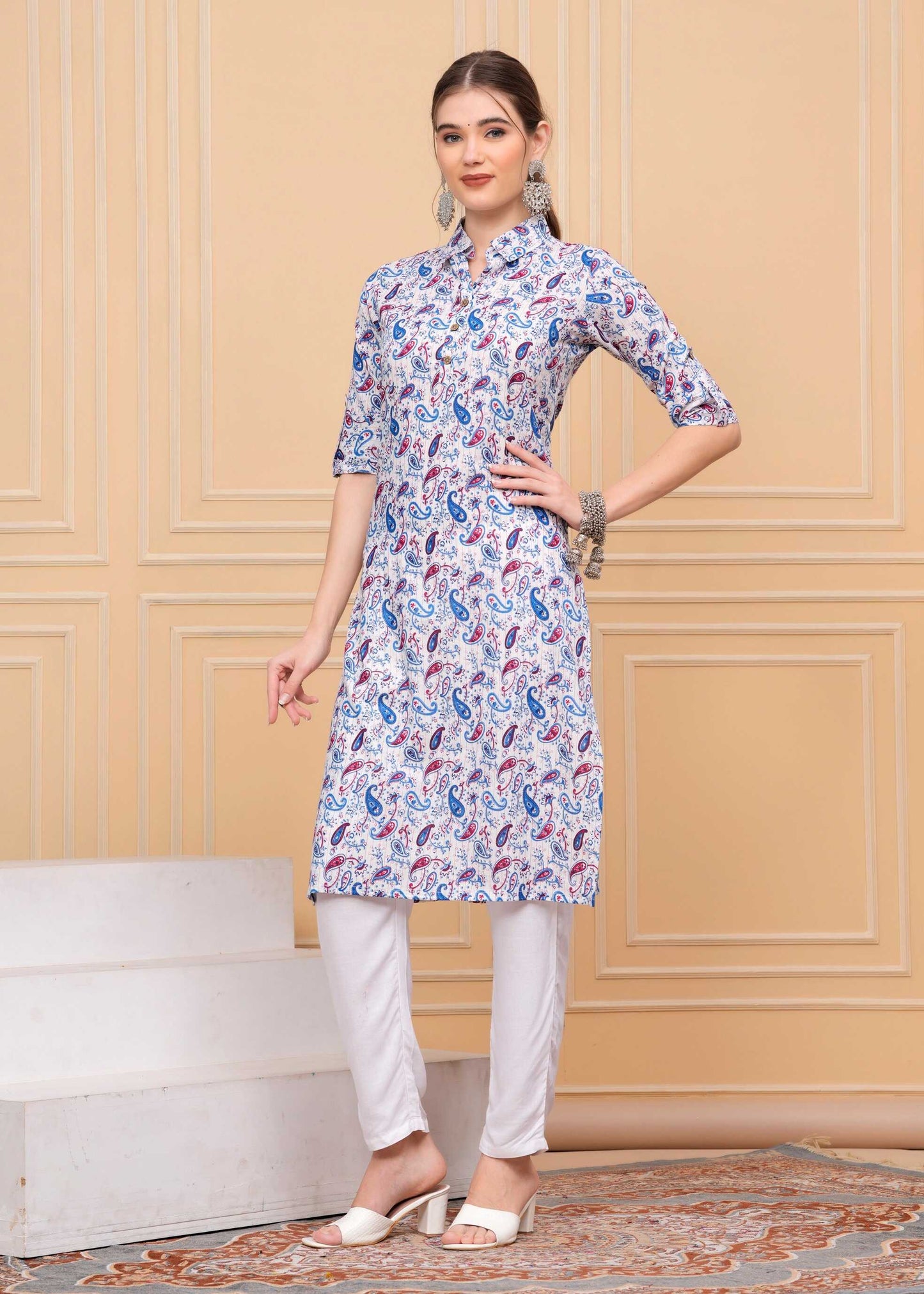 Pure Cotton Calf-Length MultiColor Collar Kurti