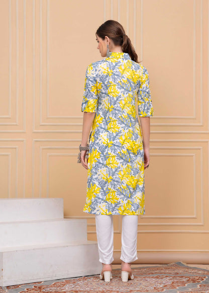 Pure Cotton Calf-Length Yellow Collar Kurti