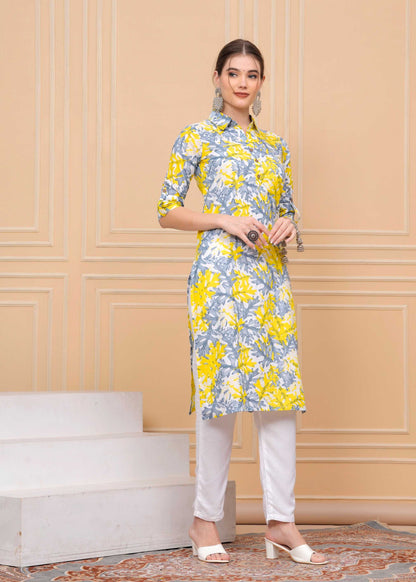 Pure Cotton Calf-Length Yellow Collar Kurti