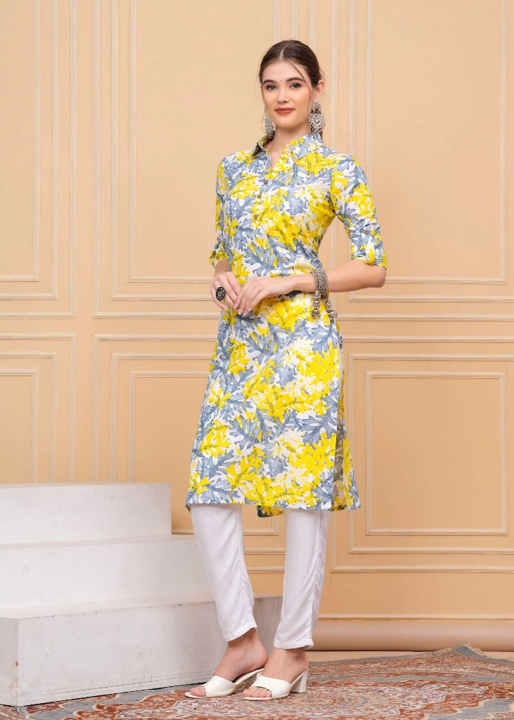 Pure Cotton Calf-Length Yellow Collar Kurti