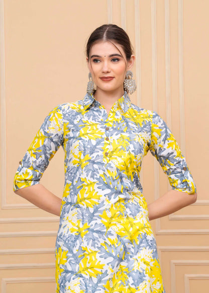 Pure Cotton Calf-Length Yellow Collar Kurti