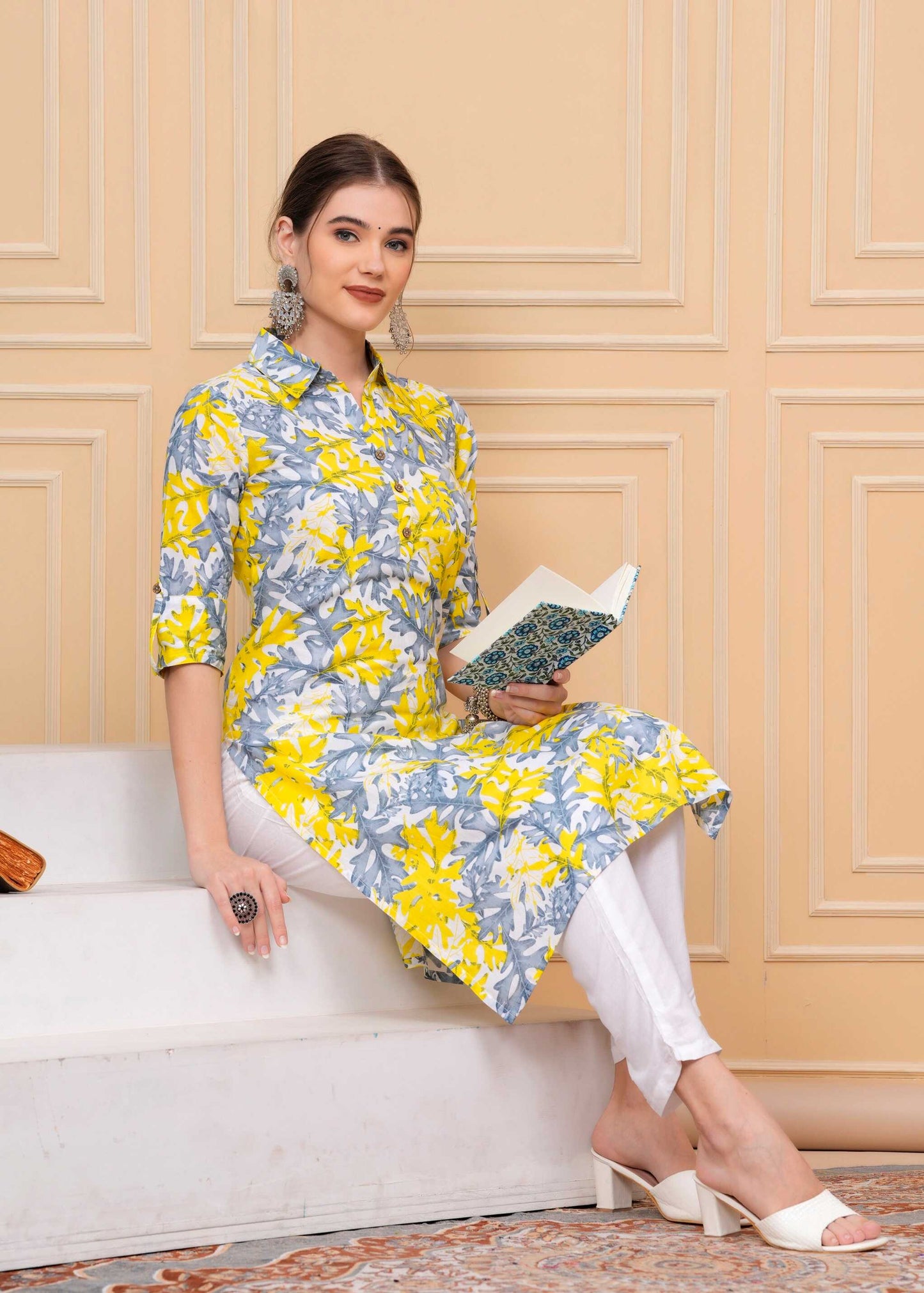 Pure Cotton Calf-Length Yellow Collar Kurti