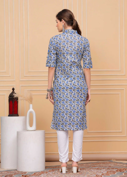 Pure Cotton Floral Printed Blue Calf-Length Collar Kurti