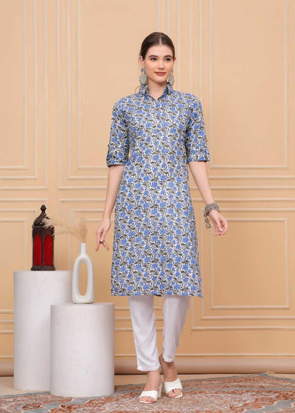 Pure Cotton Floral Printed Blue Calf-Length Collar Kurti