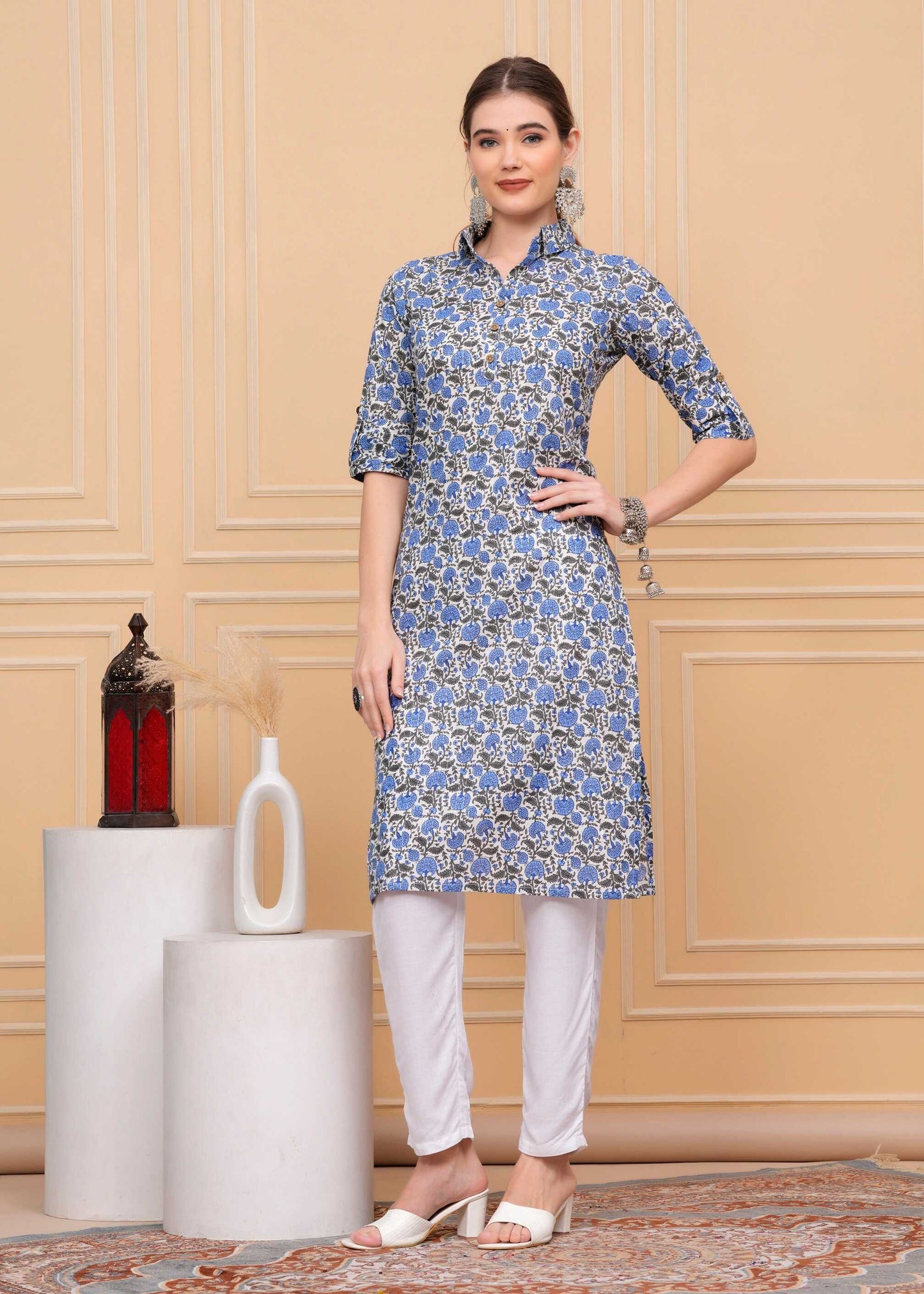 Pure Cotton Floral Printed Blue Calf-Length Collar Kurti