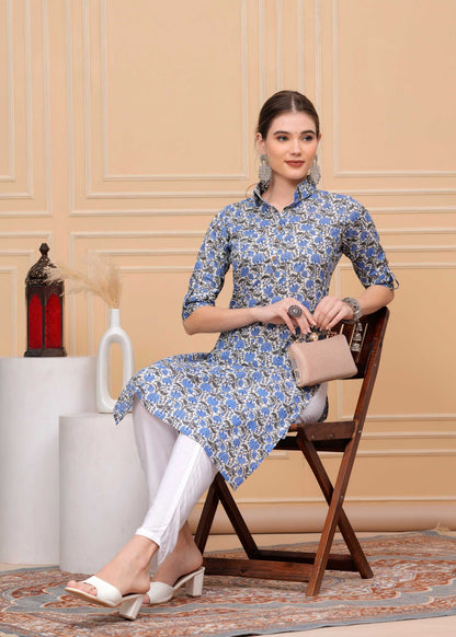 Pure Cotton Floral Printed Blue Calf-Length Collar Kurti