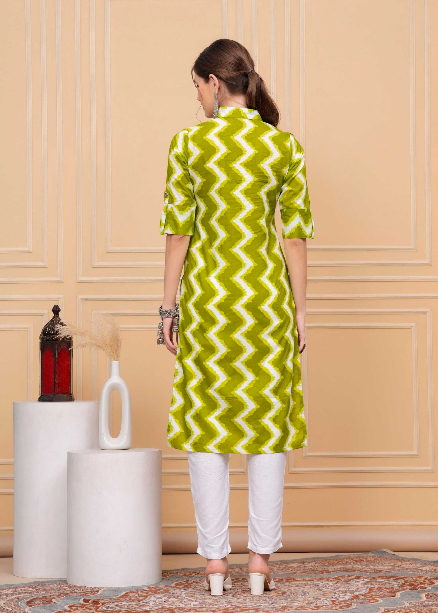 Pure Cotton Calf-Length Green Collar Kurti