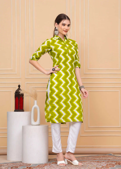 Pure Cotton Calf-Length Green Collar Kurti