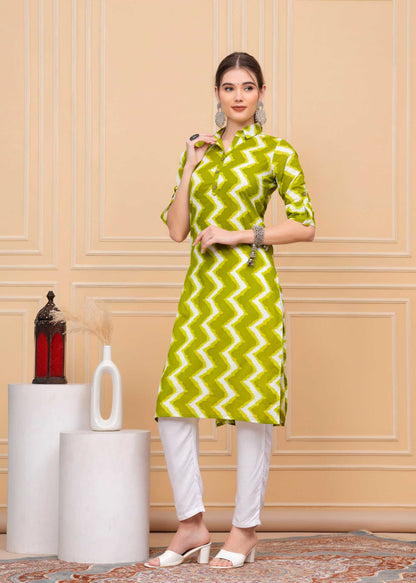 Pure Cotton Calf-Length Green Collar Kurti