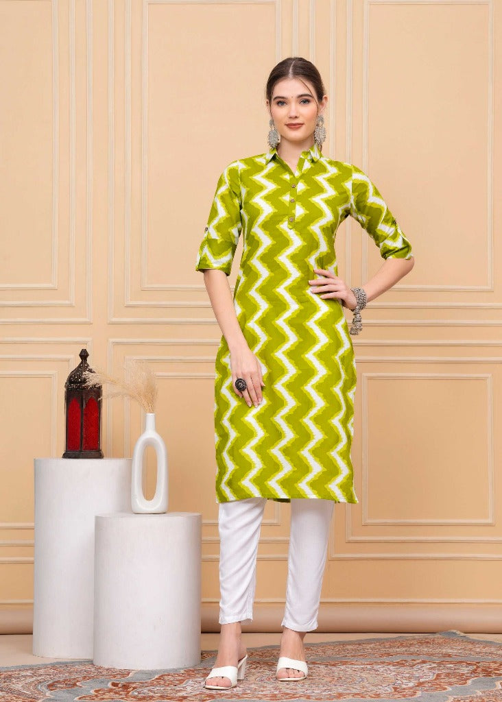 Pure Cotton Calf-Length Green Collar Kurti