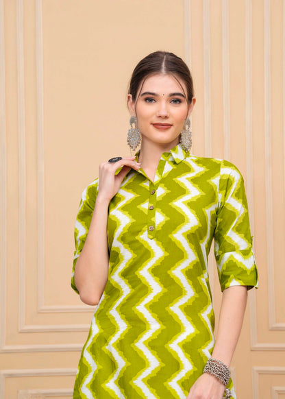 Pure Cotton Calf-Length Green Collar Kurti