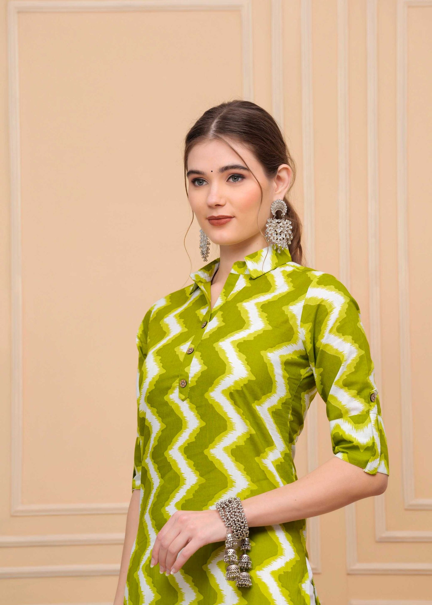 Pure Cotton Calf-Length Green Collar Kurti