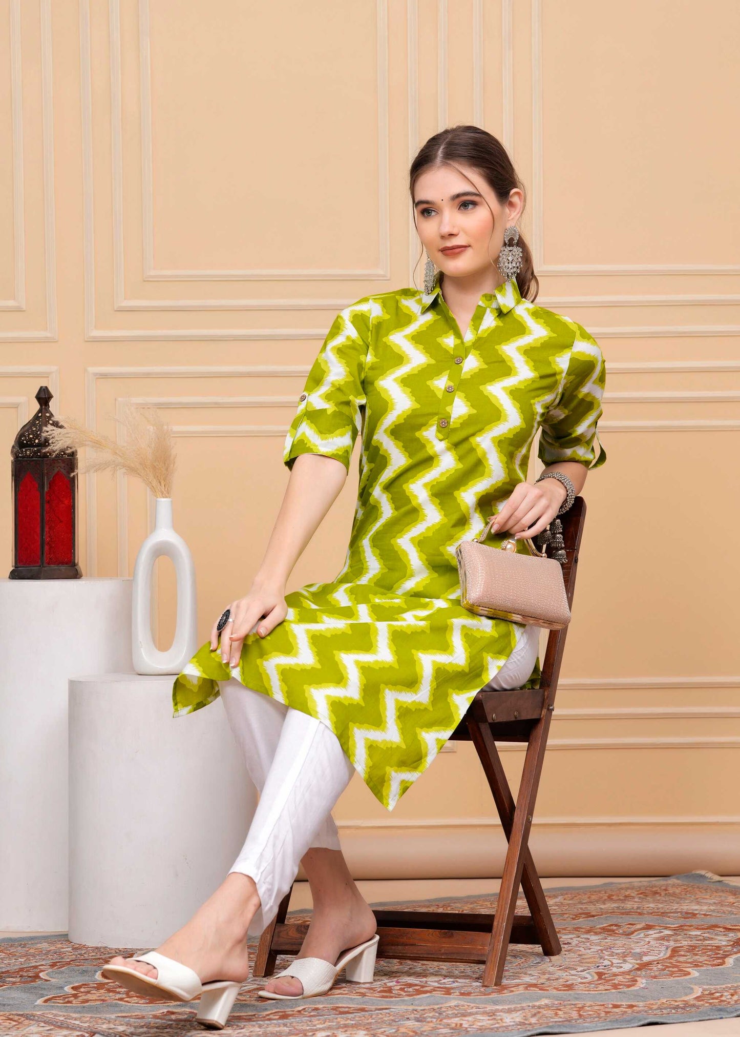 Pure Cotton Calf-Length Green Collar Kurti