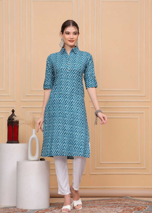 Pure Cotton Calf-Length Collar Kurti