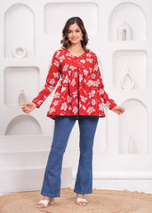 Red Floral Empire Waist Cotton Peplum Top