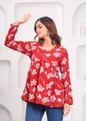 Red Floral Empire Waist Cotton Peplum Top