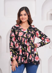 Black Floral Empire Waist Peplum Cotton Top for Women