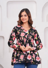 Black Floral Empire Waist Peplum Cotton Top for Women