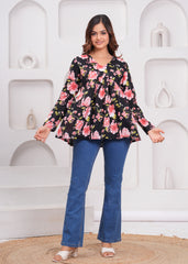 Black Floral Empire Waist Peplum Cotton Top for Women