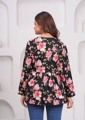 Black Floral Empire Waist Peplum Cotton Top for Women