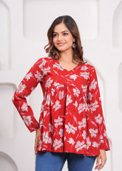 Red Floral Empire Waist Cotton Peplum Top