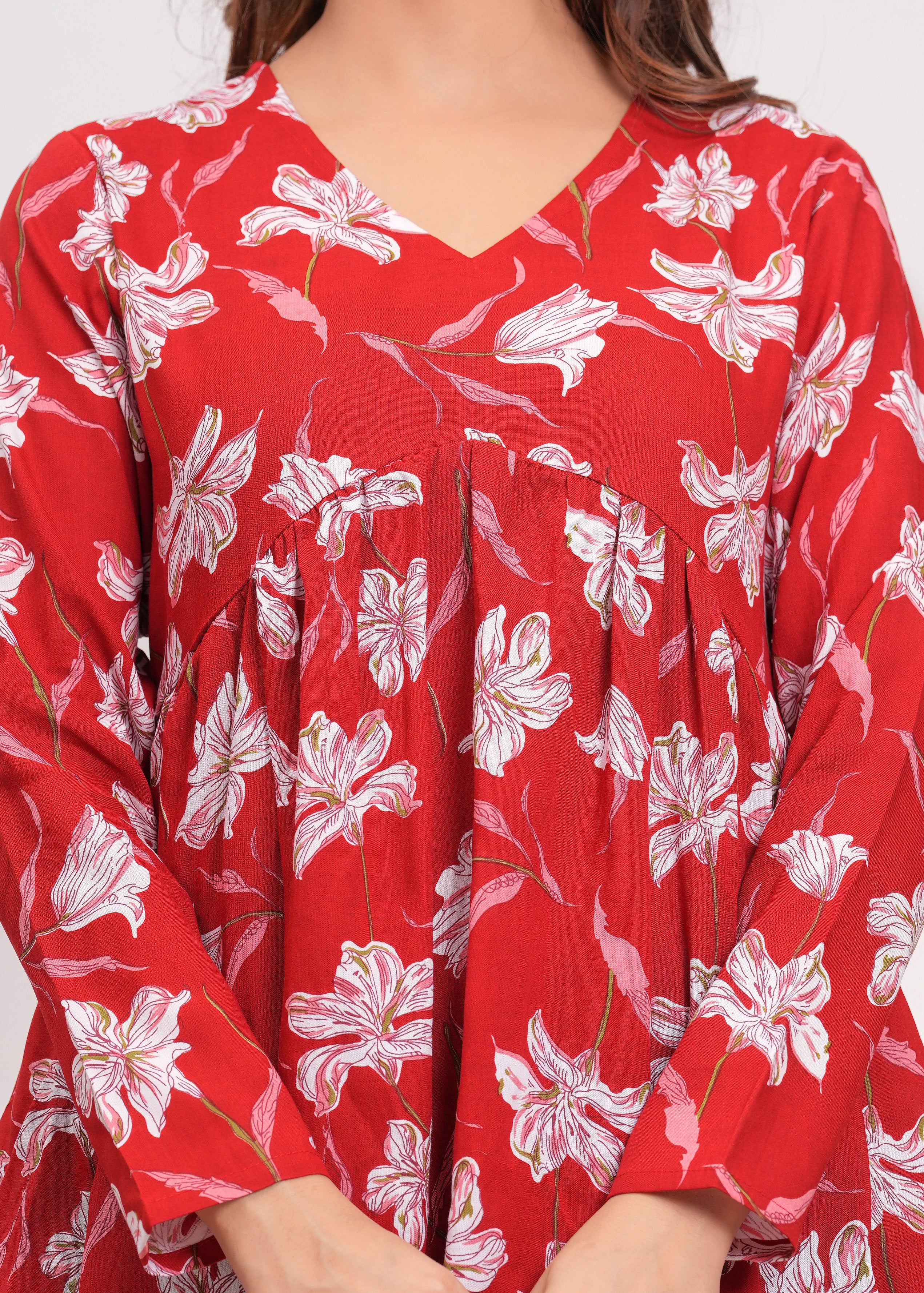 Red Floral Empire Waist Cotton Peplum Top