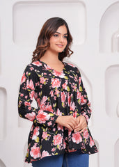 Black Floral Empire Waist Peplum Cotton Top for Women