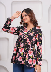 Black Floral Empire Waist Peplum Cotton Top for Women