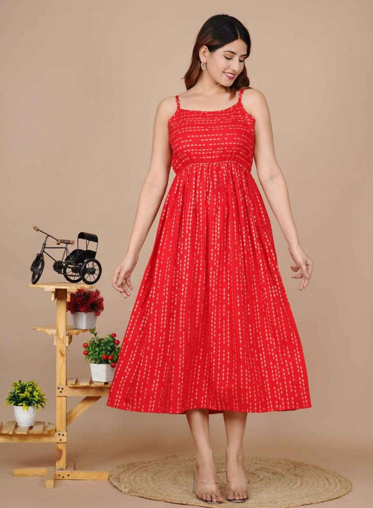 Round Designer Neck Sleeveless Long Mexi Rayon Dot Printed Red Dress