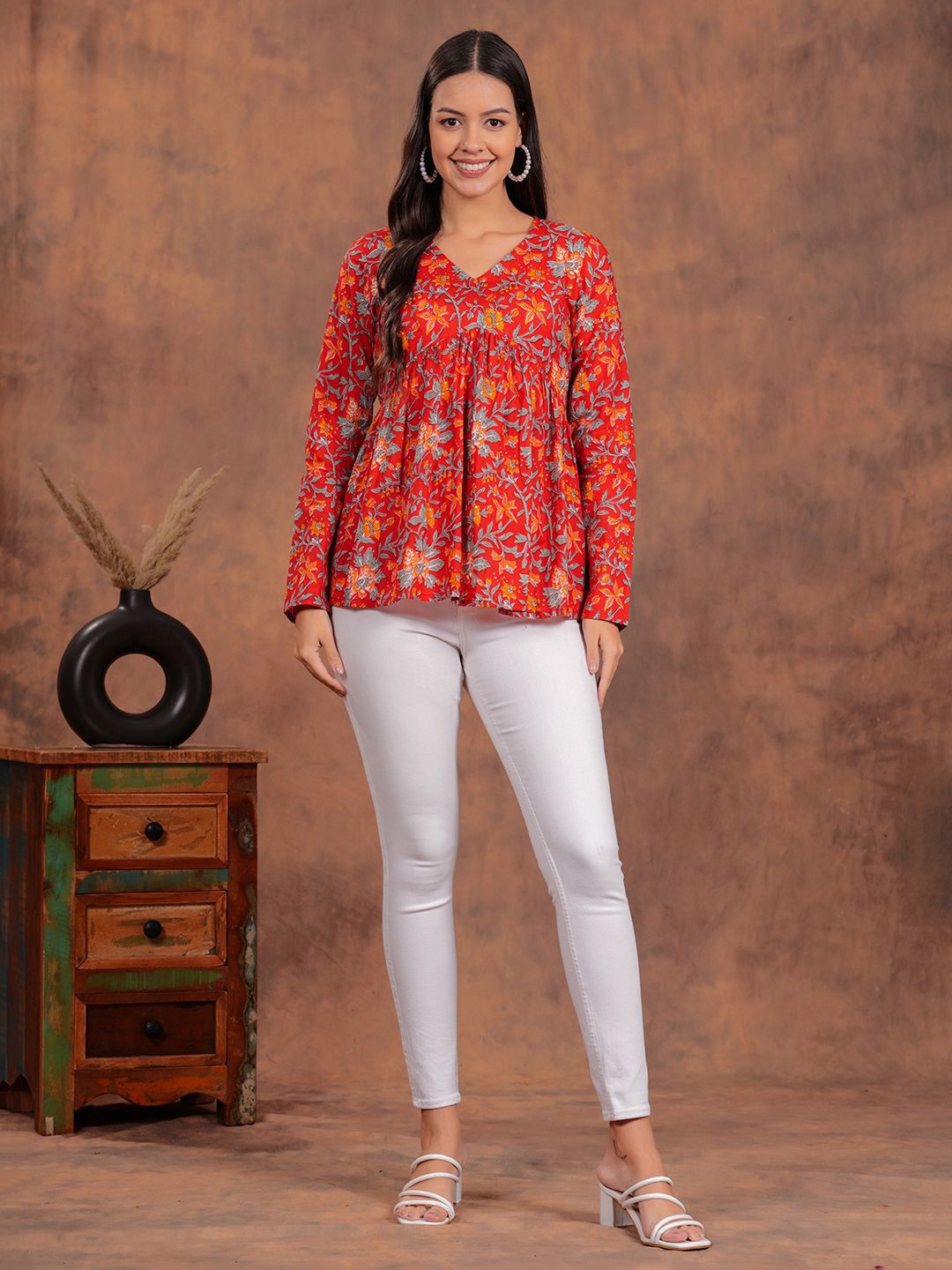 Radiant Red Floral Flare Top