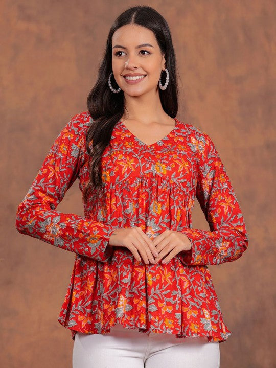 Radiant Red Floral Flare Top