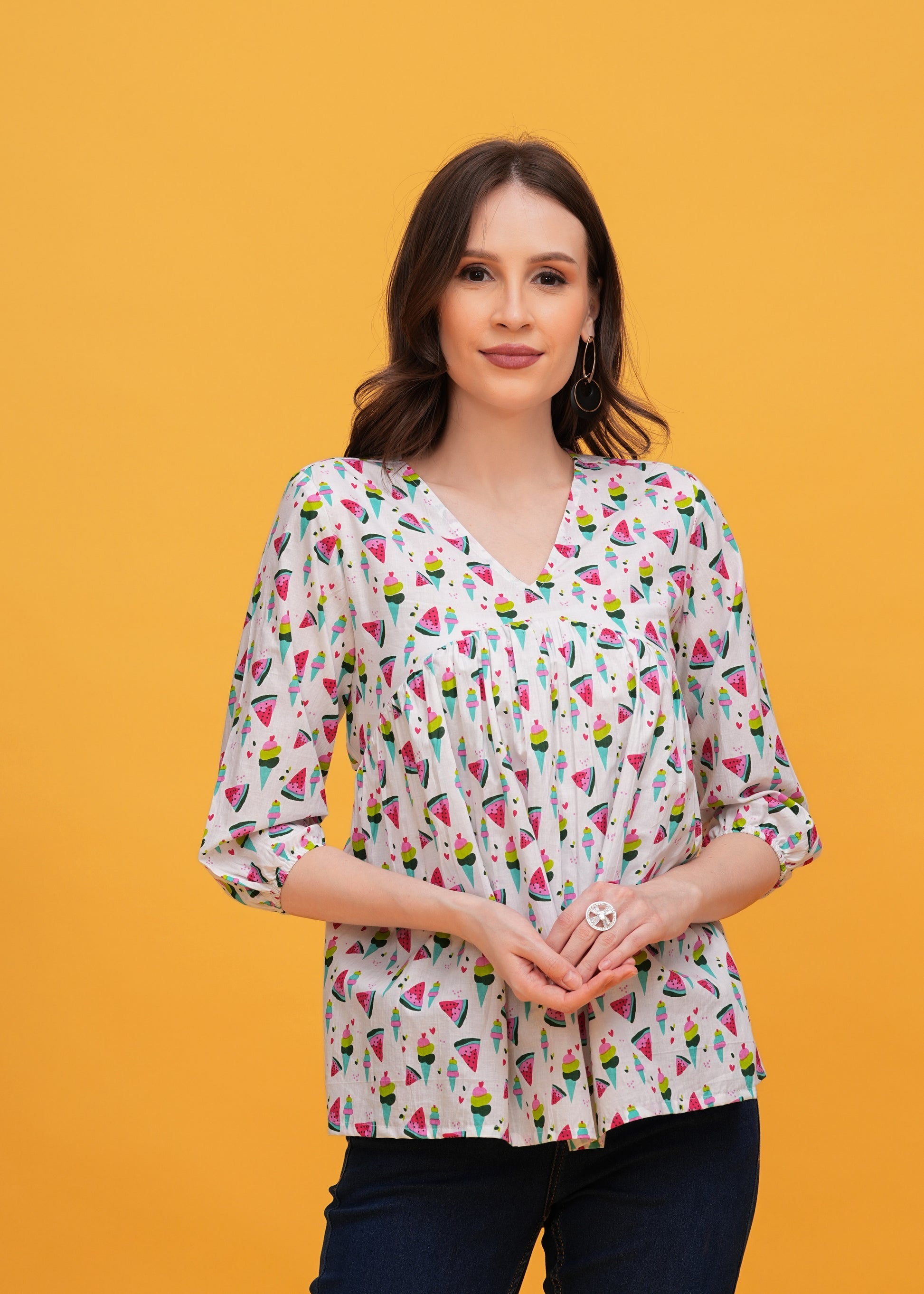 Summer Pop White Geometric Cotton Top
