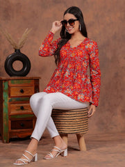 Radiant Red Floral Flare Top